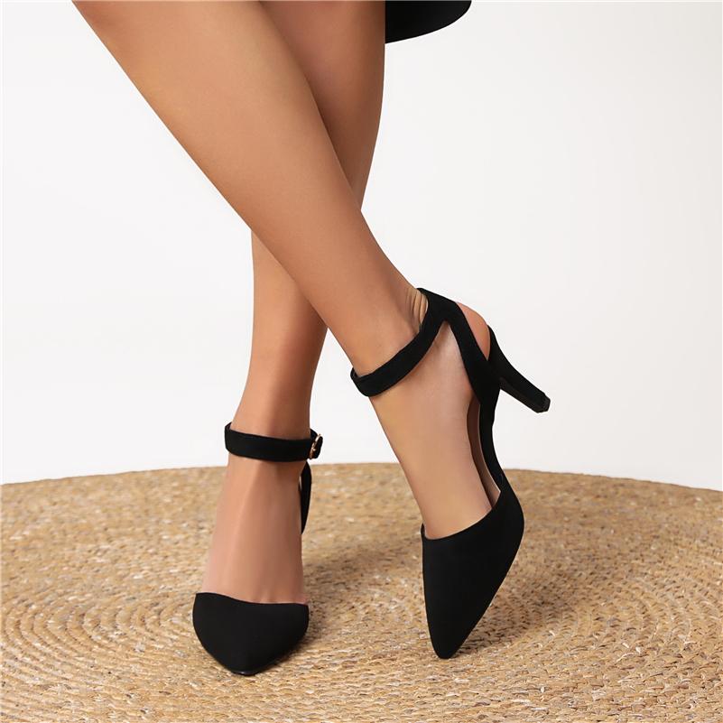 FOREADA Женские туфли-лодочки с ремешком на щиколотке, с острым носком, на тонком высоком каблуке, с пряжкой, туфли-перчатки, женская модная обувь, весна-осень, синие, черные, 43