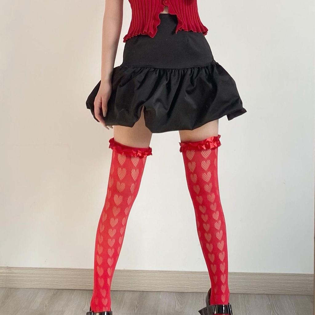 Mu Ruan Red Heart Over-the-Knee Japanese Cosplay Lolita Satin-Trim Stockings