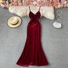 Sexy Deep V-Neck Backless Split Dress Women Off Shoulder Fashion Vintage Evening Party Dresses Lady Red Korean Strap Design Slim Dress 2025
