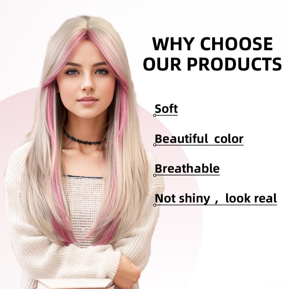 ALAN EATON Long Pink Blonde Wigs with Long Bangs White Hair Wigs for Women Synthetic Wig High Quality Lolita Cosplay Party Wigs