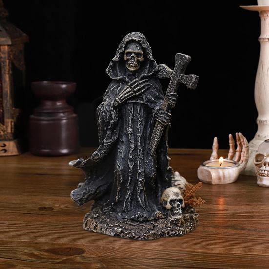 Halloween Black Robe Skeleton Figurine Gothic Cross Skeleton Resin Statue Sculpture Home Office Desktop Bookshelf Decoration Ornament Festival Gift