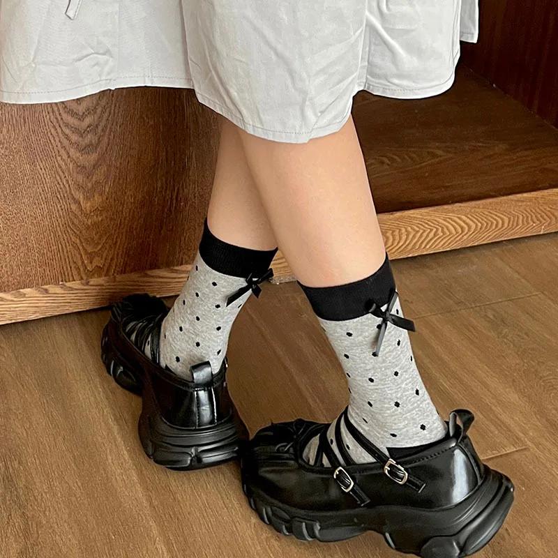 Женские носки в горошек с милым бантом для девочек JK Lolita Kawaii, носки в корейском стиле, в стиле Харадзюку, в стиле ретро, в уличном стиле, хлопковые носки средней длины
