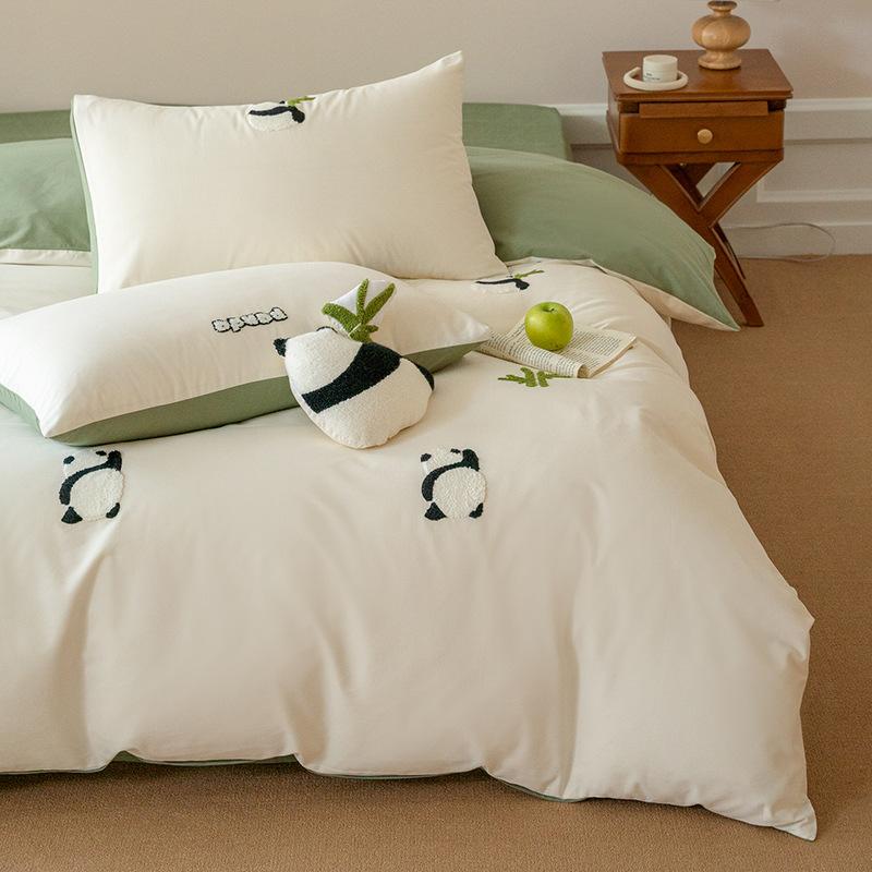 Egyptian Cotton Cute 3D Animal Embroidery Bedding Set Ultra Soft Comfortable Duvet Cover Elastic Fitted Sheet Pillowcases