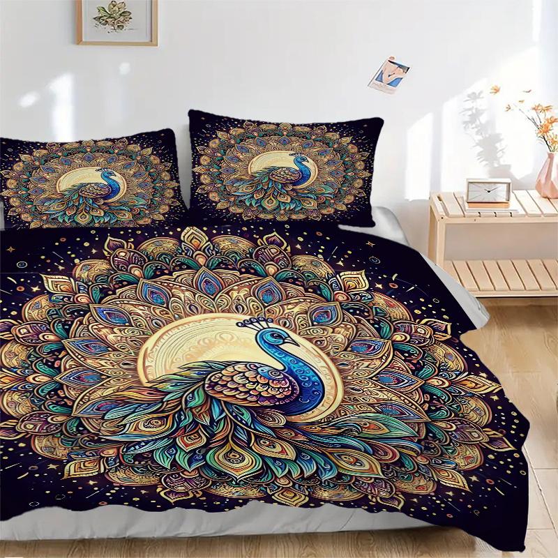 3pcs Beautiful Peacock Printed Quilt Set - Includes 1 Quilt Cover and 2 Pillowcases, Machine Washable - Suitable for All Seasons.W003