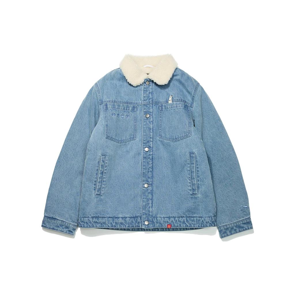 Lining Solid Color Brand Logo Zip-Up Fleece-Lined Denim Jacket Men Outerwear Blue AJDT003-6