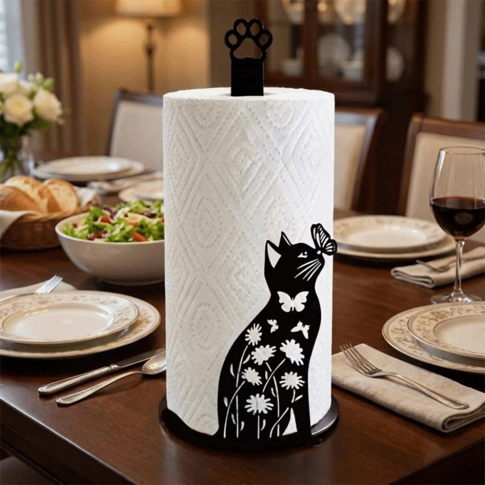 Roll Organizer Cartoon 2D Flat Cat Tissue Holder Sturdy Wooden Base Vertical Napkin Holder Decorative Kitchen Paper Rack Parties