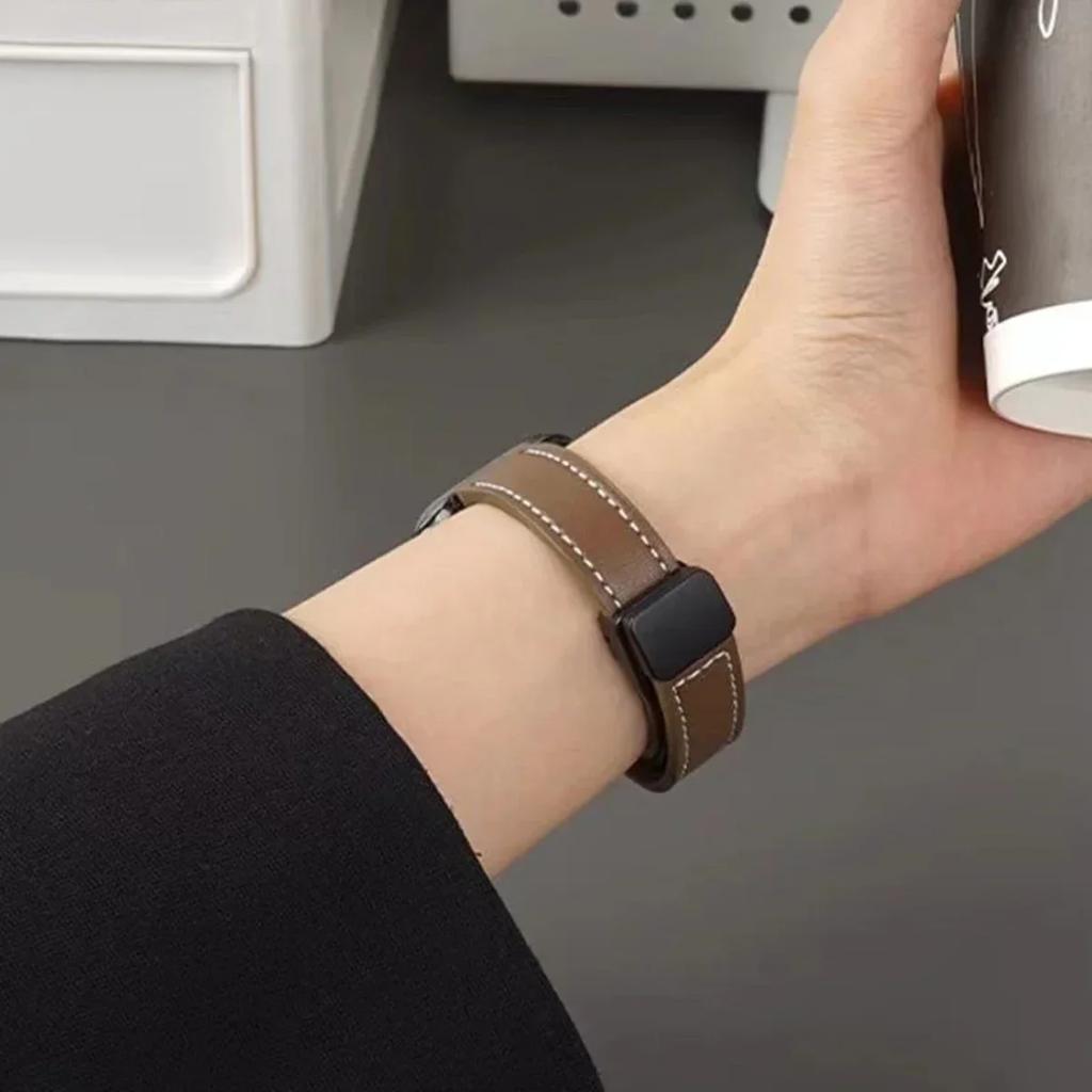 Magnetic Buckle Strap For Apple Watch 10 42/46mm SE 44 40mm 9 8 7 41 45mm Folding Slim Leather Bracelet iWatch Series 10 8 7 6 5