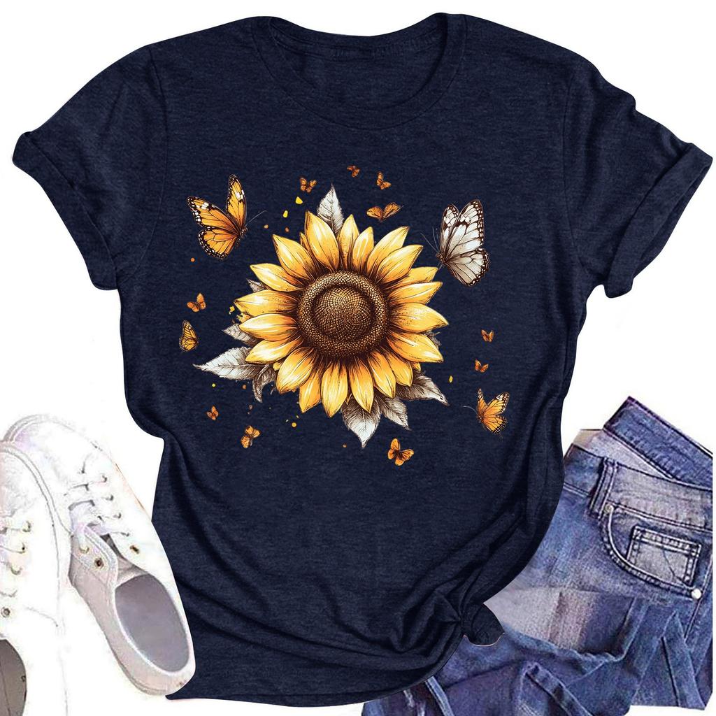 Женская повседневная футболка с круглым вырезом и цветочным принтом, короткий рукав