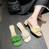 Classic Slippers for Women Slides Mules Square Mid Heels Shoes Woman Solid Pleated Summer Slippers Plus Size Zapatos De Mujer
