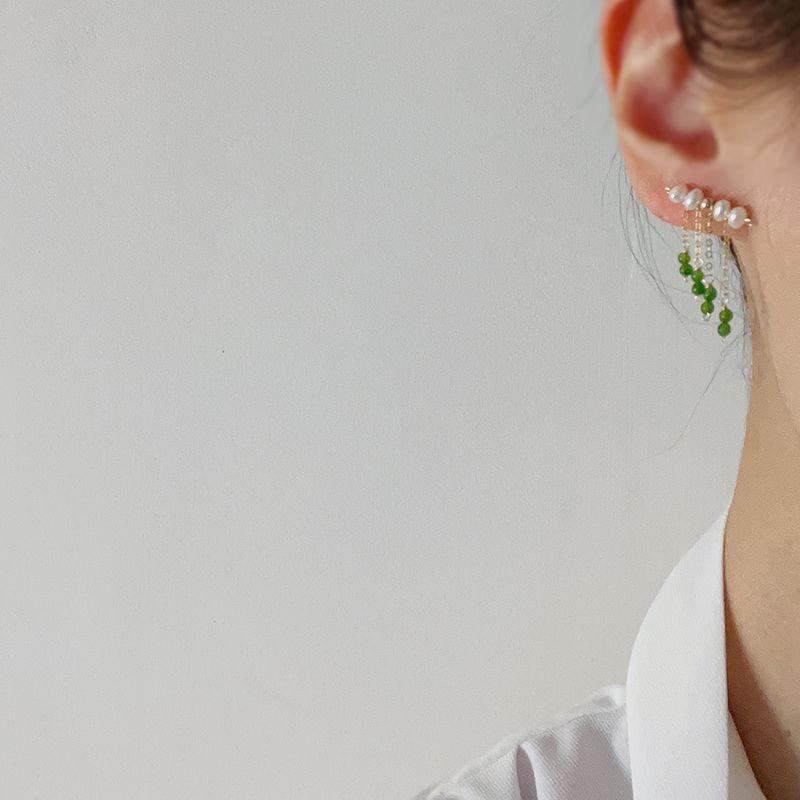 Vintage-Inspired Green Tassel Harp-Style Earrings With Imitation Jade Agate Beads Pearl Accents Women