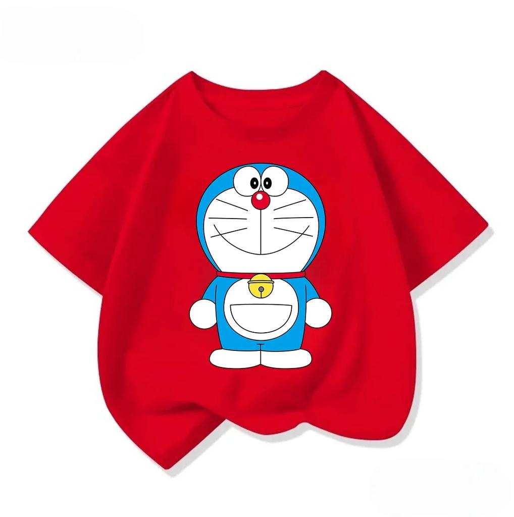 Trendy Kids Short Sleeve Tee Lovely Doraemon Print Crew Neck Fashion Street Style Summer Tops For Kids Age 3 14 Years
