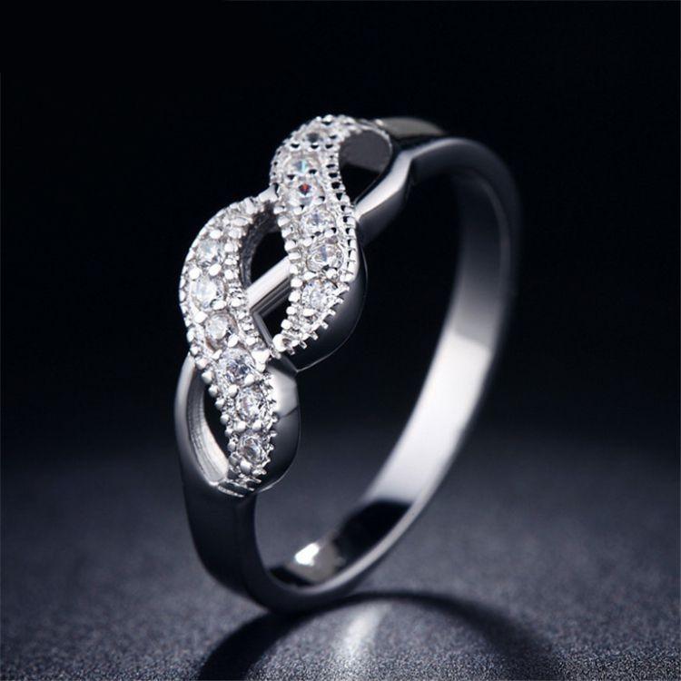 Fashionable Double Spiral Design Ring With Zirconia Inlaid White Gold Plated Women's Jewelry