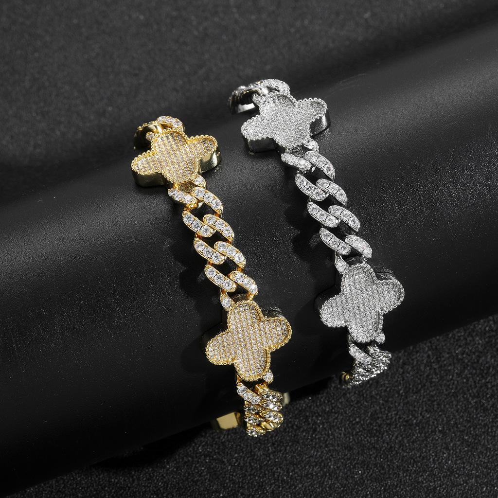 Gorgeous Fashion Hip Hop Jewelry Single Row Zircon Iced Out CZ Cuban Link Four Leaf Clover Bracelet for Women and Men