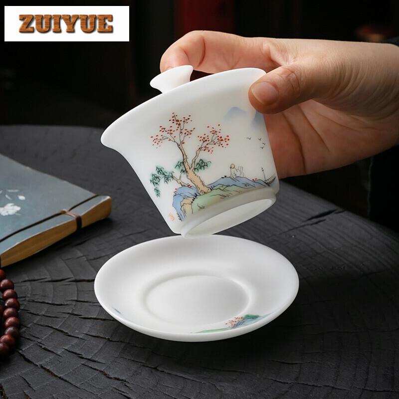Boutique Ice Jade Porcelain Handmade Covered Bowl Handpainted Frangrant Hills Gaiwan Tea Tureen Tea Brewing Tea Collection Gifts