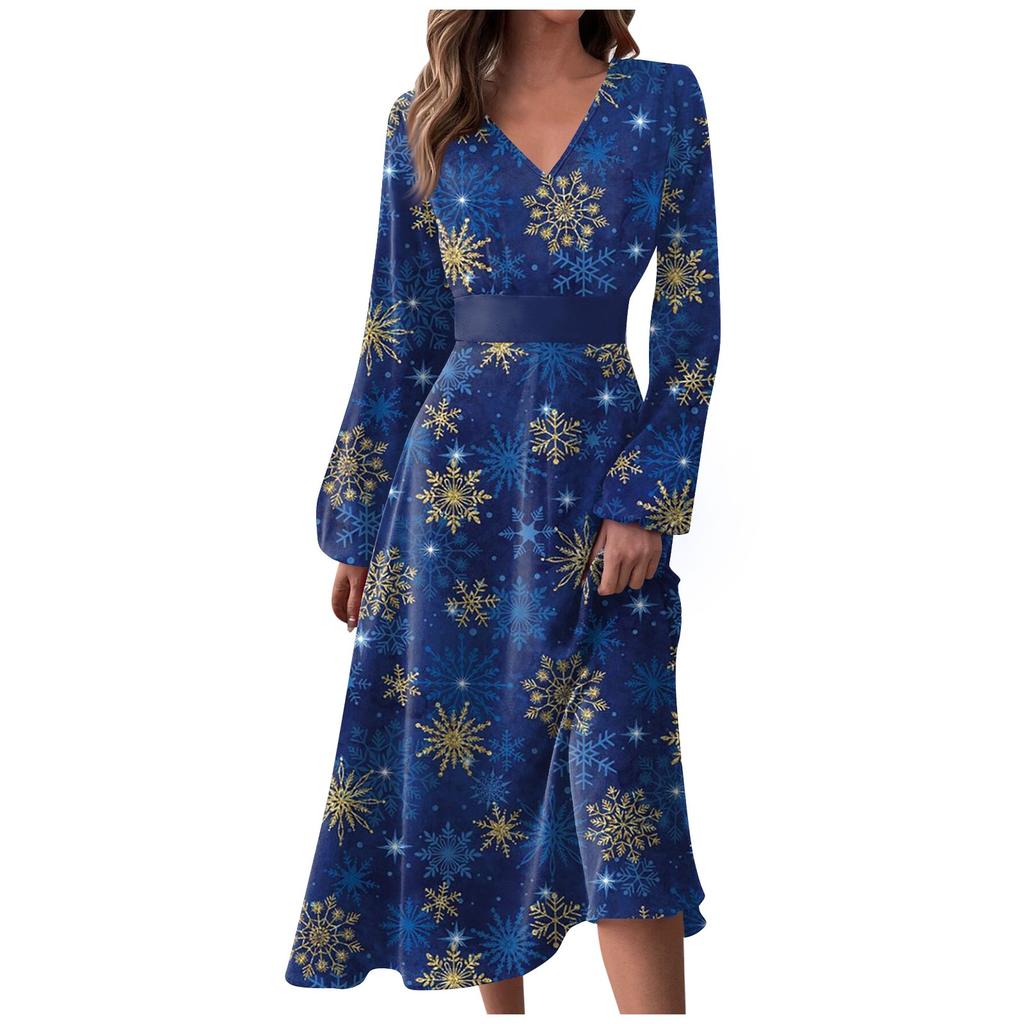 Женское осеннее и зимнее повседневное модное длинное платье с v-образным вырезом и длинным рукавом с рождественским принтом