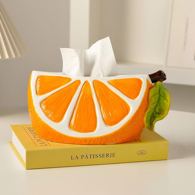 9.44" Ceramic Cartoon Lemon Orange Citrus Tissue Box, Decorative Napkin Holder for Coffee Table Living Room