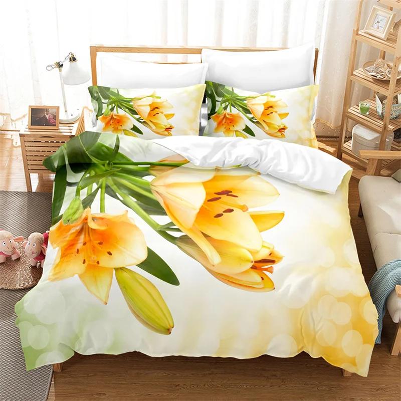 Lily Duvet Cover Set for Single Double Bed Pink Flower Quilt Cover King Size Bedding Set 2PCS 3PCS with Pillowcase Full Twin New