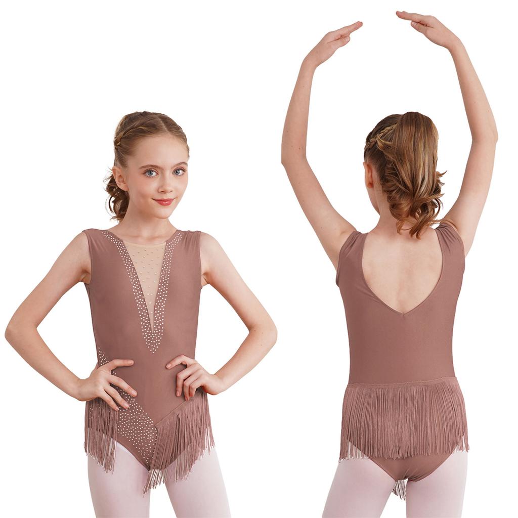Kids Girls Shiny Figure Skating Sleeveless Leotard Rhythmic Gymnastics Fringed Bodysuit