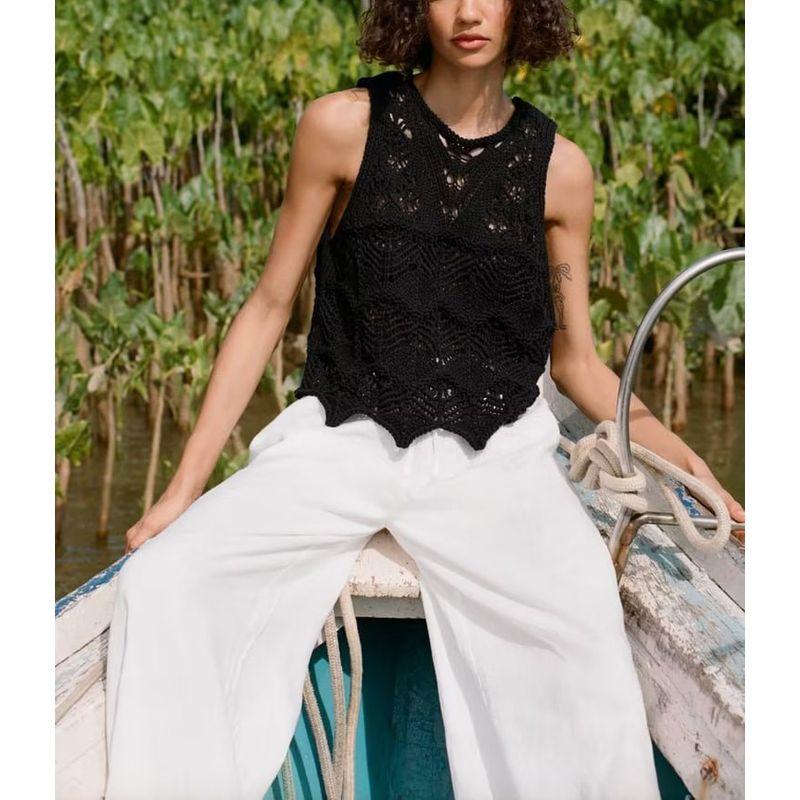 Spring New Arrival Casual Two-Piece Suit Hanging Collar Linen Tops 4043249 Linen Wide Leg Pants 4043243