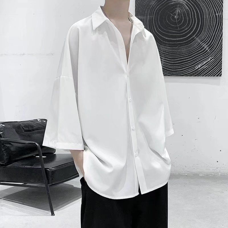 Белая мужская рубашка с рукавом пять четвертей в ленивом стиле из ледяного шелка, летняя, красивая, модная, брендовая, свободная, повседневная куртка с коротким рукавом