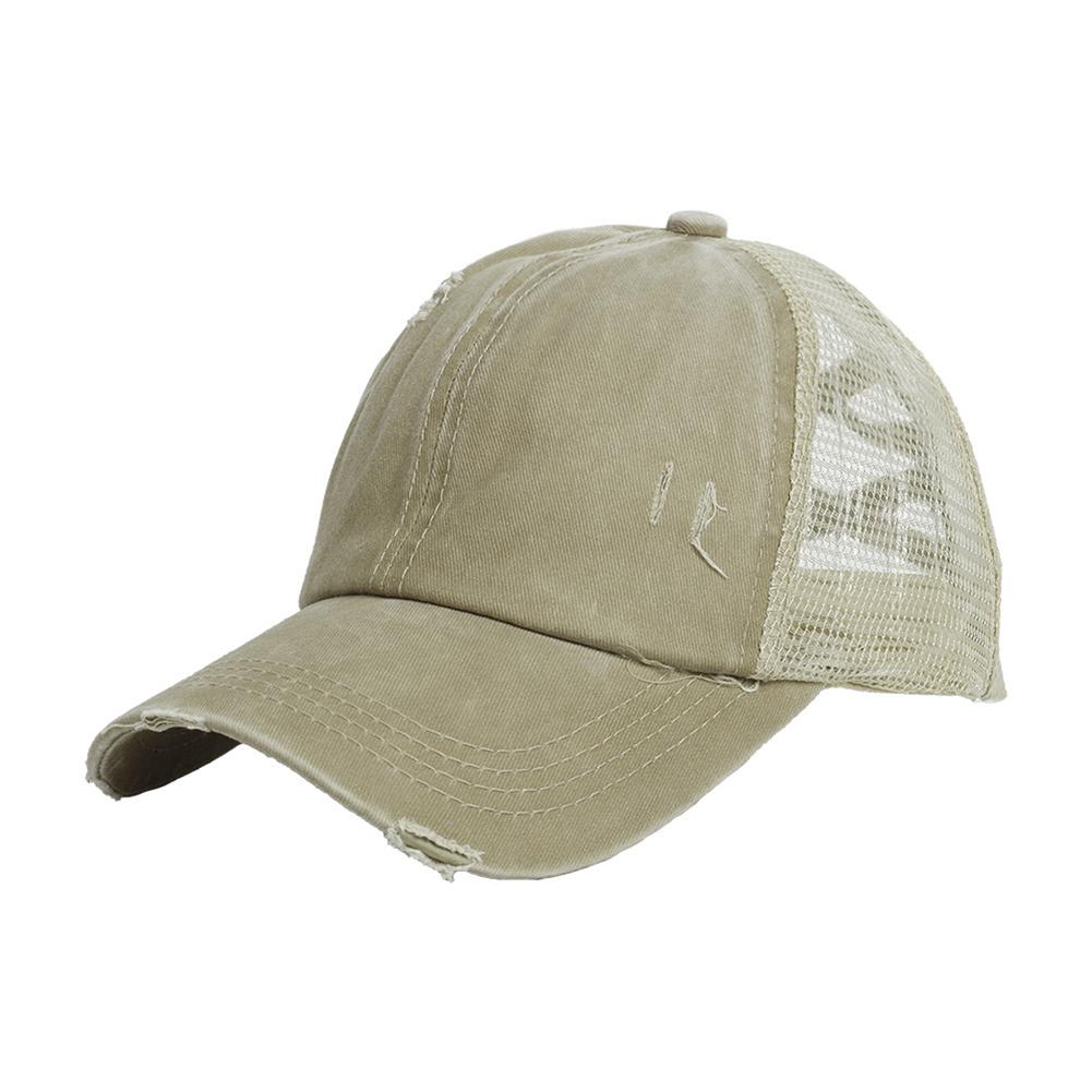 Women Cross Ponytail Baseball Cap Mesh Adjustable Outdoor Sports Washed Distressed Peaked Cap