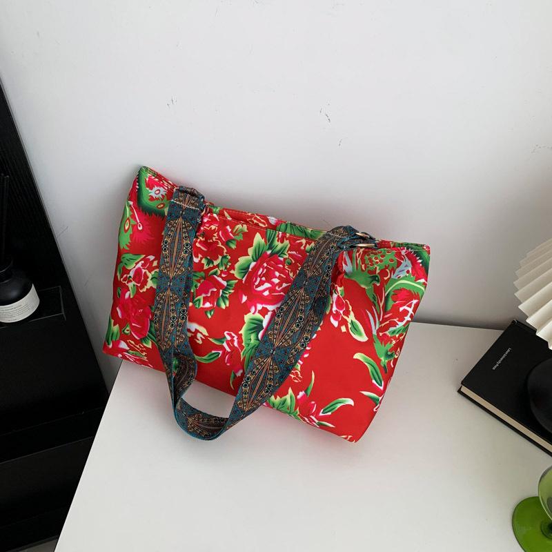 Northeast Big Flower 2024 Spring Literary and Artistic Fan Ethnic Style Printing Fashion Trendy with Large Capacity Tote Shoulder Women's Nylon Cloth
