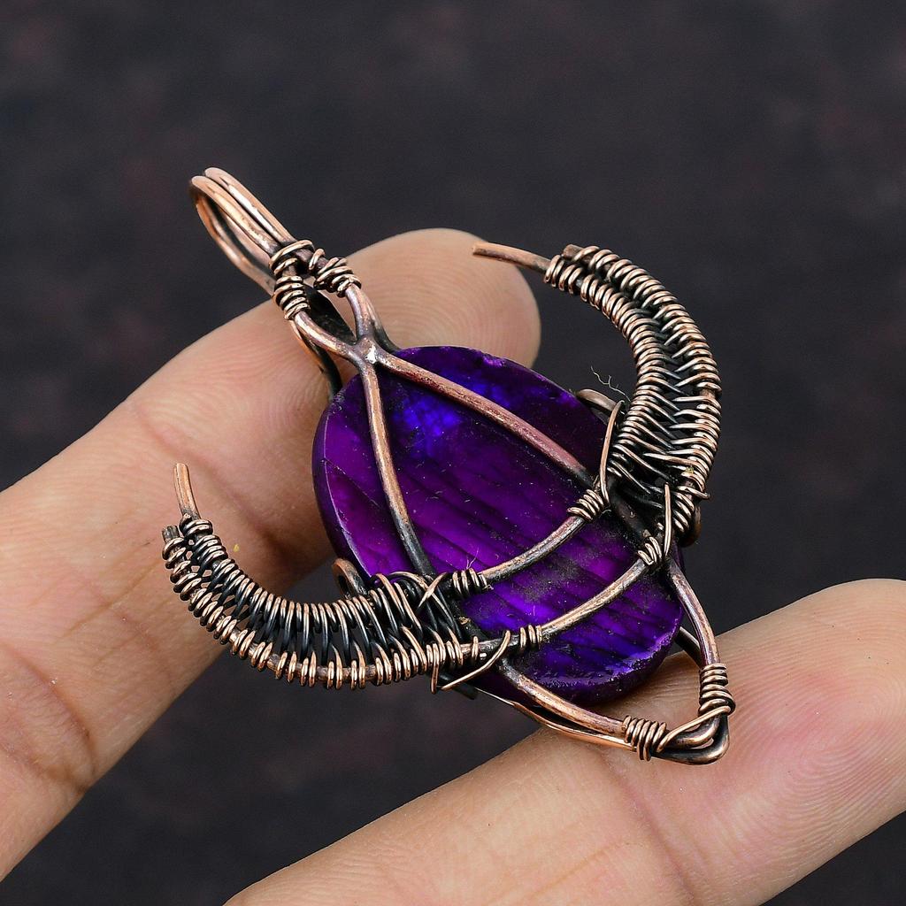 Подвеска из фиолетового огненного лабрадорита, медная проволочная обертка, подвеска ручной работы в форме бычьей морды, изящная подвеска из драгоценного камня, медные украшения для подарка