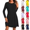 Women's Fashion Casual Solid Color Round Neck Long Sleeve Short Side Pocket Dress