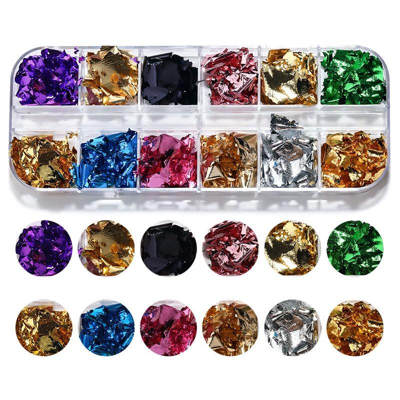 12 сеток/коробка, металлическая фольга для ногтей, алюминиевая бумага, украшения для дизайна ногтей, золото, серебро, розовое золото