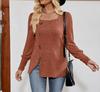 2026 Women's Spring/Summer Casual Ribbed Square Neck Long Sleeve Slit Sweater Top