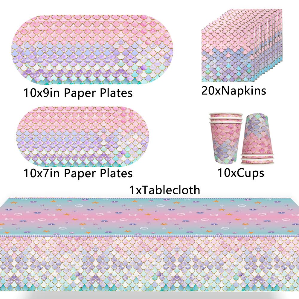 51pcs Mermaid Party Tableware Set Including Plates Napkins Tablecloths Cups
