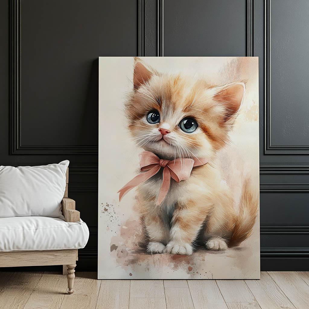 Uroczy Kotek Z Różową Kokardą Uroczy Kotek Z Różową Kokardą, 70X100 Cm, Rama Drewniana Ciemny Brąz, Papier Matowy 230 Gsm