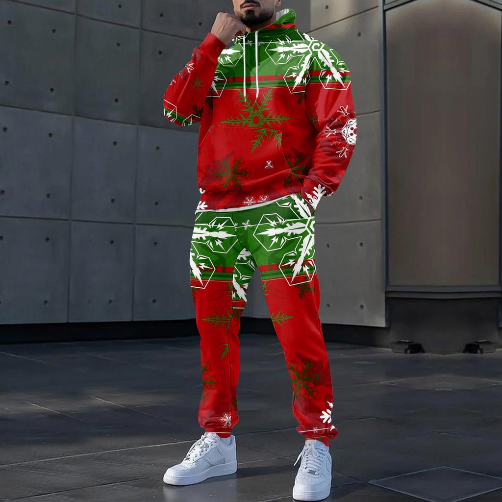 Мужские зимние рождественские принты с длинным рукавом толстовки с капюшоном толстовка брюки костюм