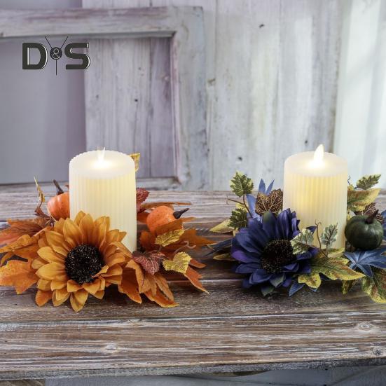 Halloween Candle Ring Wreath Artificial Pumpkin Sunflower Maple Leaf Wreath Pillar Candle Holder for Wedding Home Table Decoration