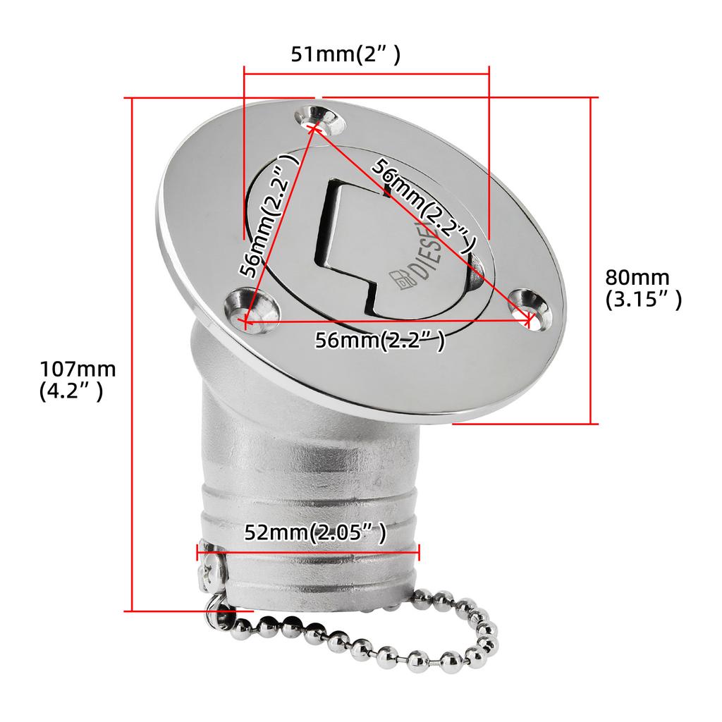 ZMFJH 316 Stainless Steel Deck Filler Key Cap Marine Boat Yacht 45 Degree Deck Filler Caps GAS DIESEL FUEL WASTE WATER 38mm 50mm