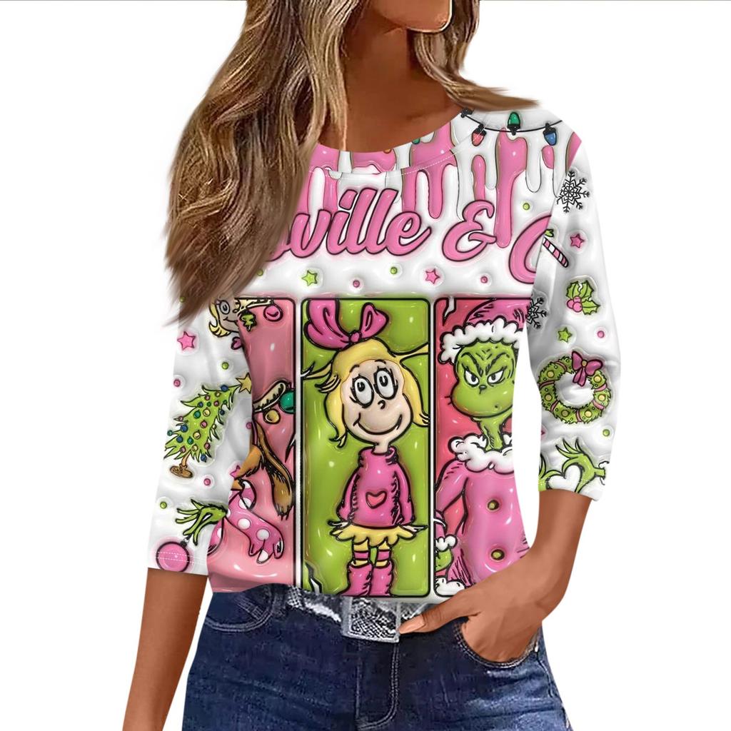 Women's Fashionable Casual Three Quarter Sleeve Christmas Printed Round Neck Top