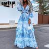 Весна Осень Женское Весеннее Длинное Юбочное Платье с Принтом V-образным Вырезом Длинные Рукава