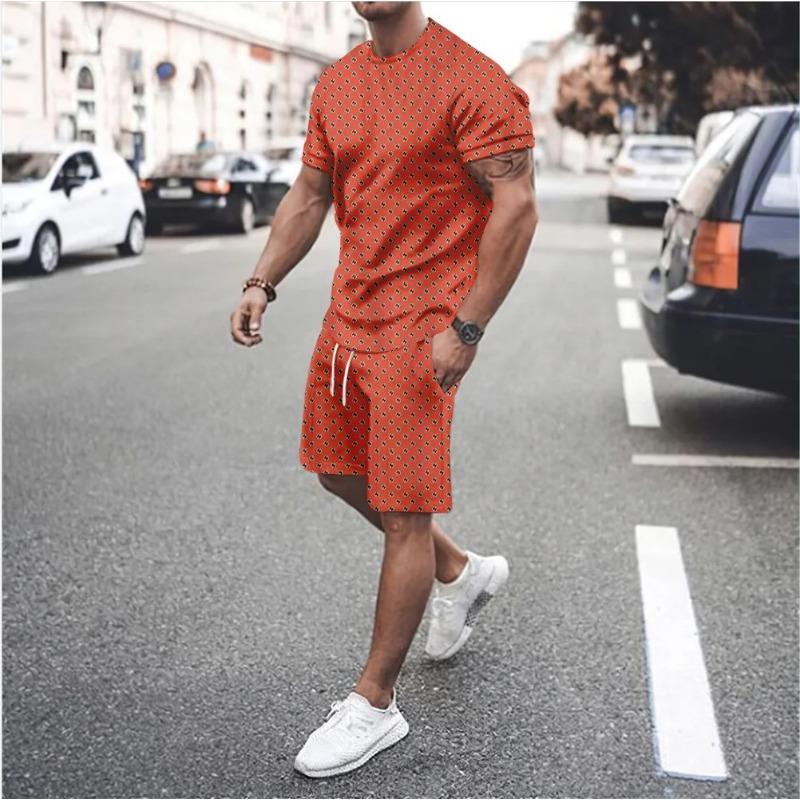 Summer Vocation Men's Tshirt Set 3D Print Solid Color Men Round Neck T-Shirt Shorts Two Piece Set Casual Man Suits Clothing