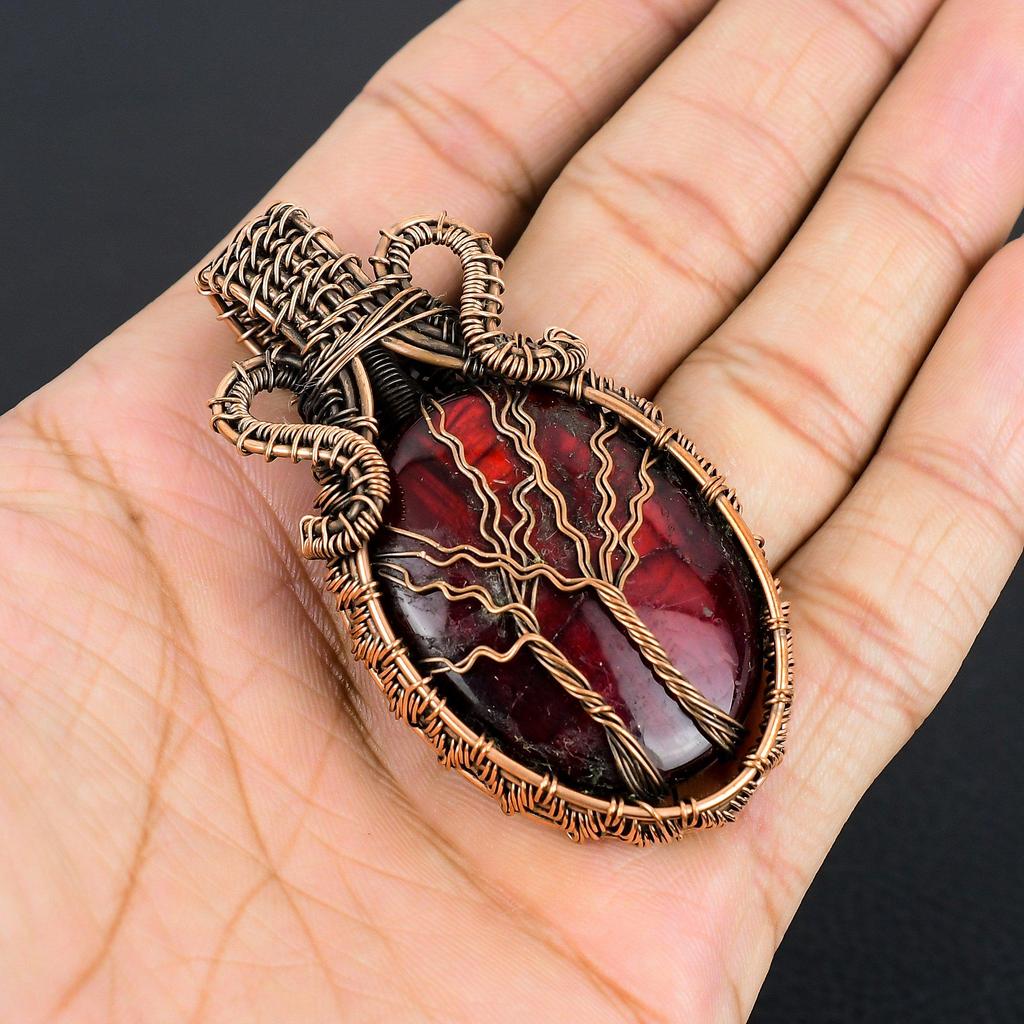 Подвеска из красного лабрадорита, украшение, обернутое медной проволокой 999 пробы, подвеска с драгоценным камнем, ювелирное изделие ручной работы, свадебный подарок