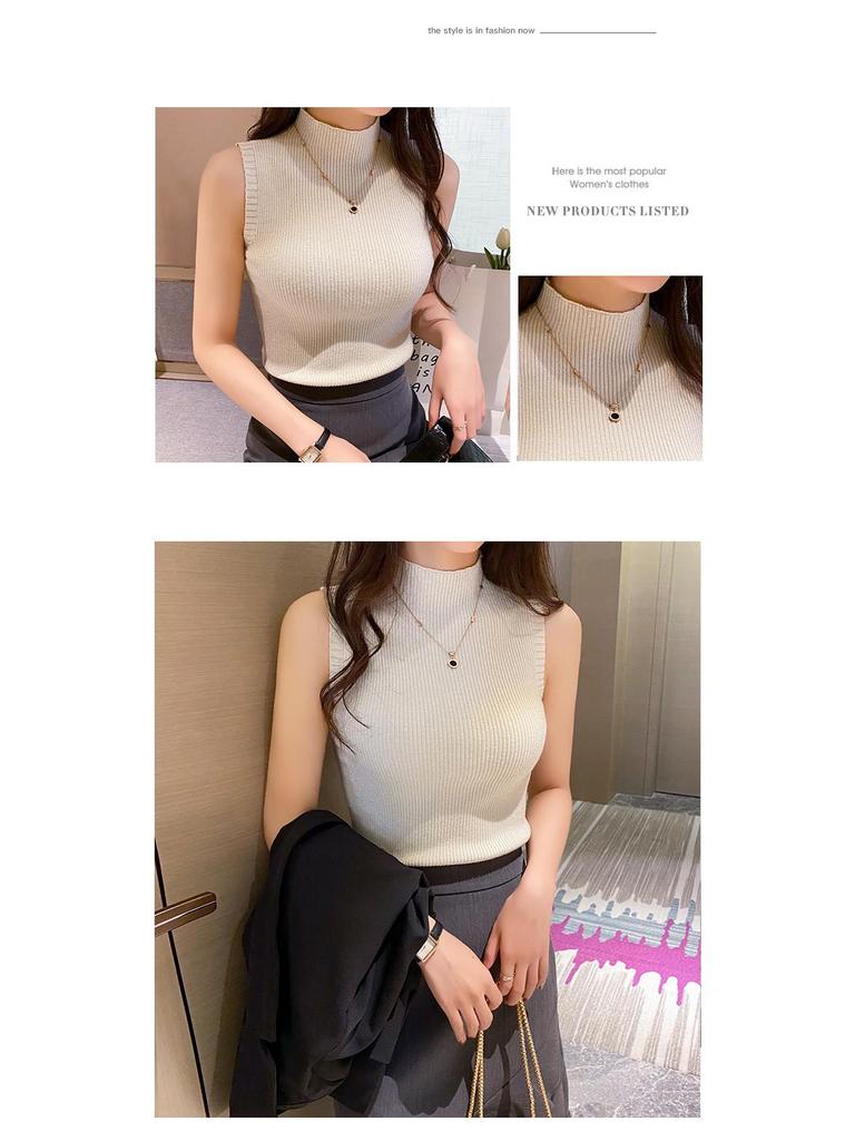 Стильный блестящий шелковый топ с полувысоким воротником, без рукавов, приталенного кроя