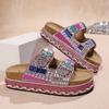 2025 новые импортные толстоподошвенные веревочные пляжные шлепанцы с двойной пряжкой и стразами, натуральная пробка, большой размер, женская обувь, европейский и американский стиль