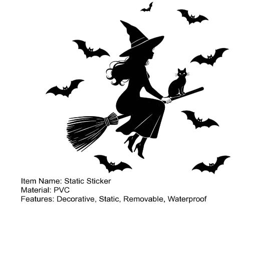 Bat And Witch Wall Clings Halloween Black Cat Static Window Stickers, Waterproof PVC Silhouette Decals, Outdoor Glass Decorations Removable Art Decor