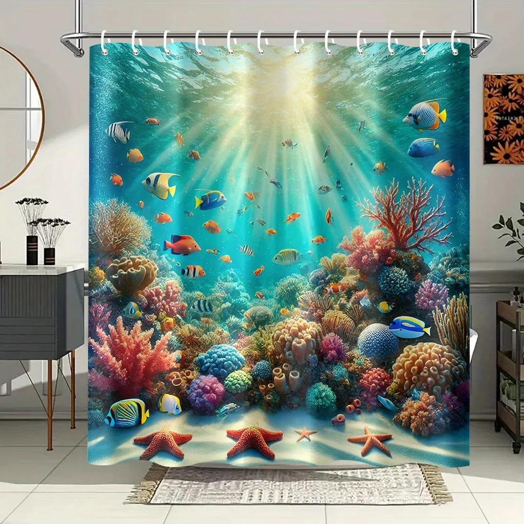 Vibrant Tropical Underwater Coral Reef Shower Curtain Waterproof Bathroom Decor Ocean Life Scene