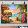 2D plane palm tree themed background fabric, with a beautiful sunset sea scene in the center of the picture