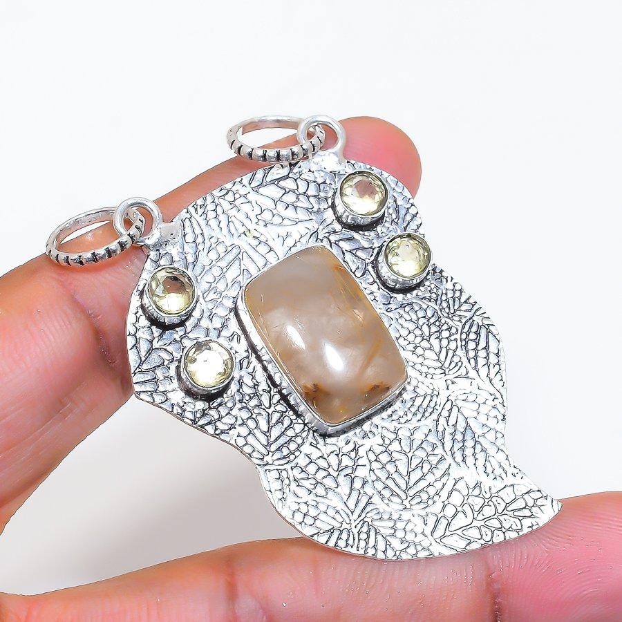Natural Golden Rutile, Citrine 925 Sterling Silver Jewelry Pendant 2.48" ZS-546