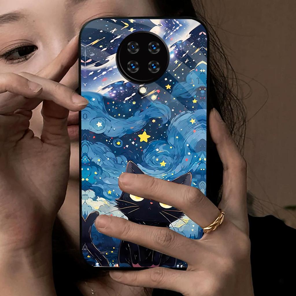 Case for Xiaomi POCO F2 Pro Anime Black Cat Starry Cloud Print Phone Cover Acrylic Hard Back Shell With Flexible TPU Edge