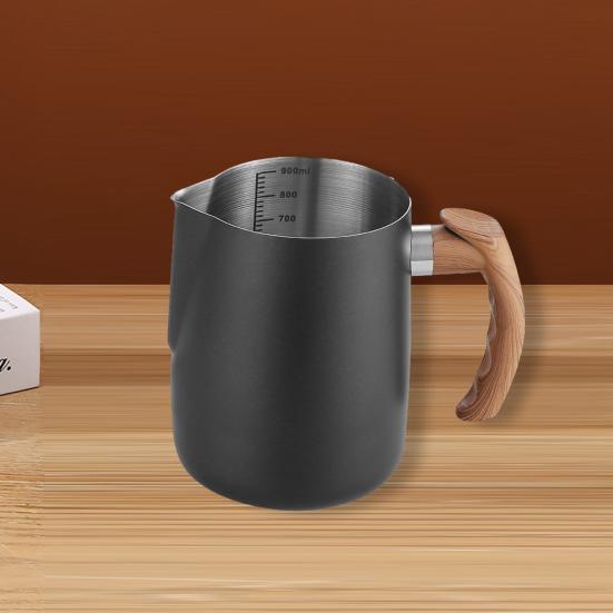 600/1000ML Milk Frothing Pitcher with Precise Scale Wooden Handle Dripless Spout Stainless Steel Latte Coffee Cup Milk