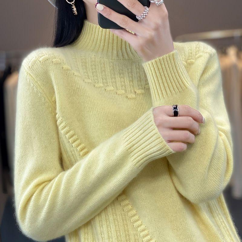 Women's Semi High Neck Thick Solid Color Sweater Pullover Casual Loose and Slimming Knitted Sweater