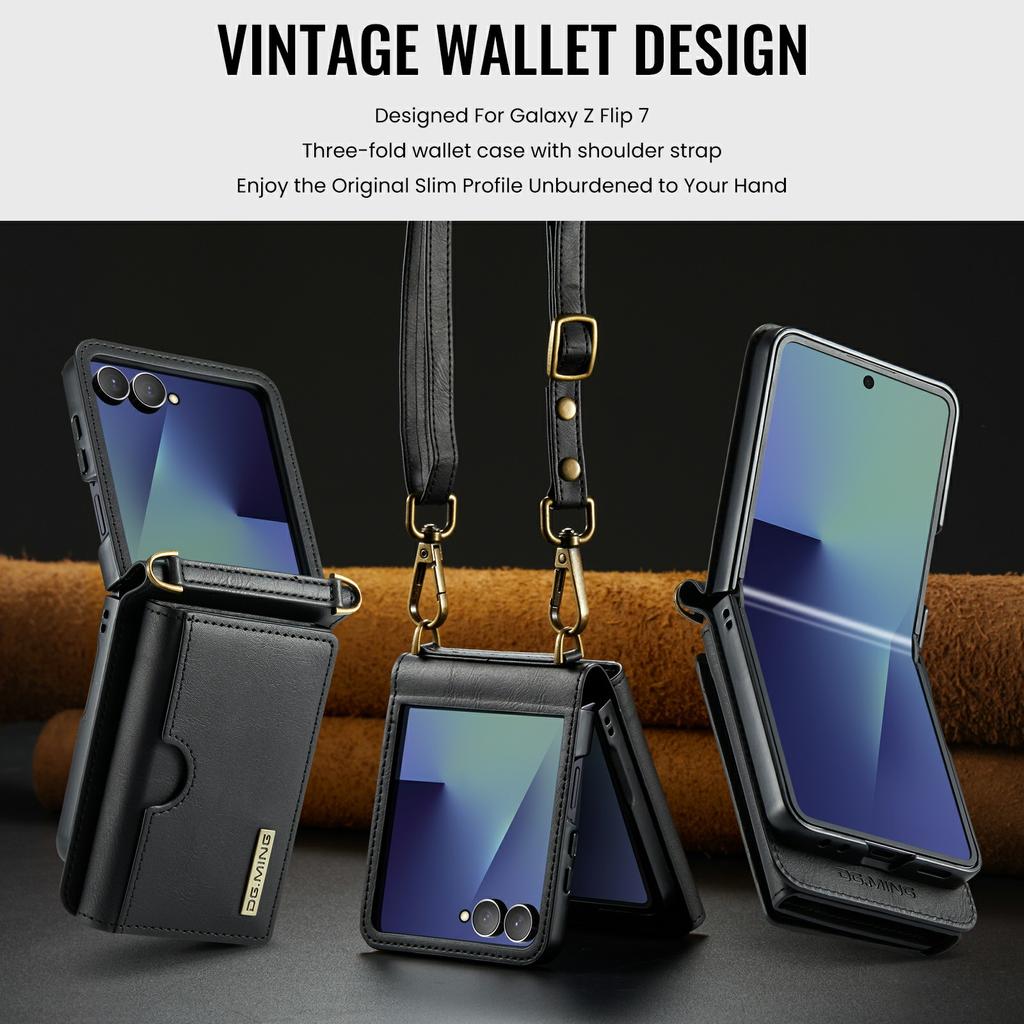DG.MING M6 Series For Samsung Galaxy Z Flip7 5G Foldable Case PU+PC Phone Cover with Wallet/Shoulder Strap