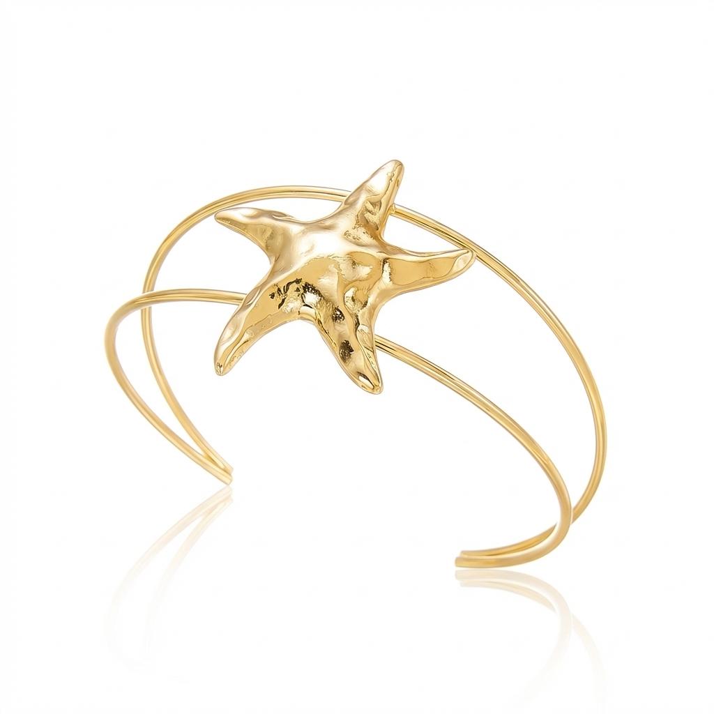 Starfish Hammered Upper Arm Cuff for Women Adjustable Gold Color Metal Open Bangle Boho Beach Body Jewelry Accessories